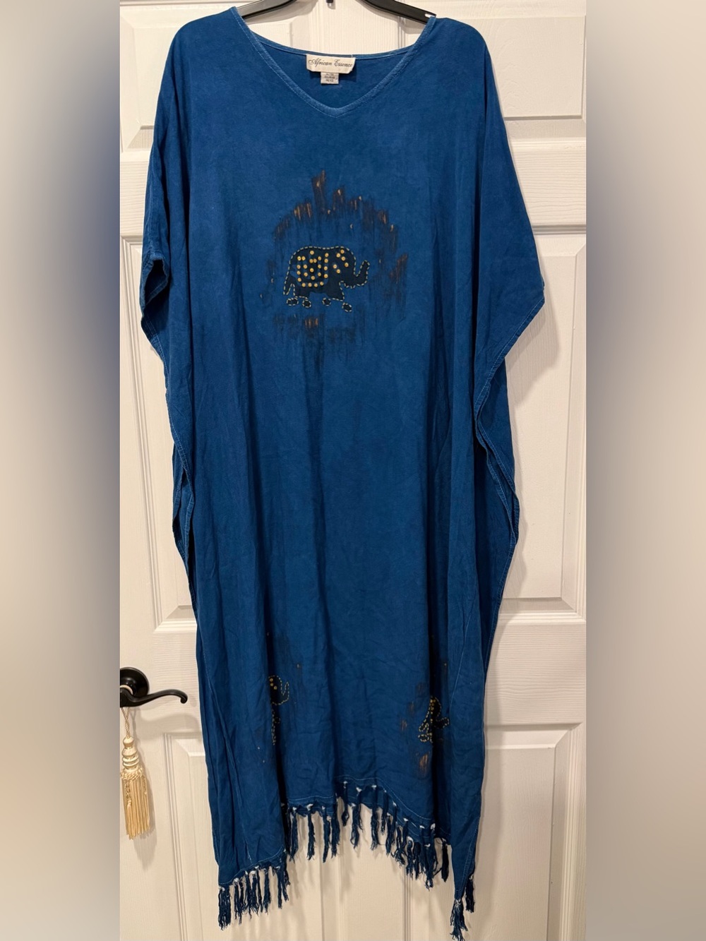 Blue Embellished Elephant Swim Fringe Maxi Caftan One Size
